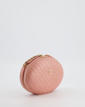 Chanel 2019 Pink Runway La Pausa Round Evening bag in Chevron with Gold Hardware and Charm Chain