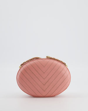 Chanel 2019 Pink Runway La Pausa Round Evening bag in Chevron with Gold Hardware and Charm Chain