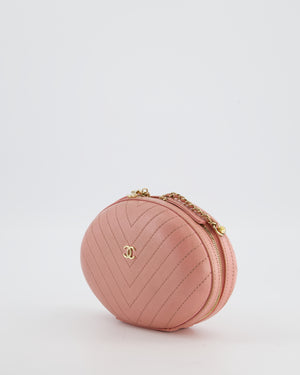 Chanel 2019 Pink Runway La Pausa Round Evening bag in Chevron with Gold Hardware and Charm Chain