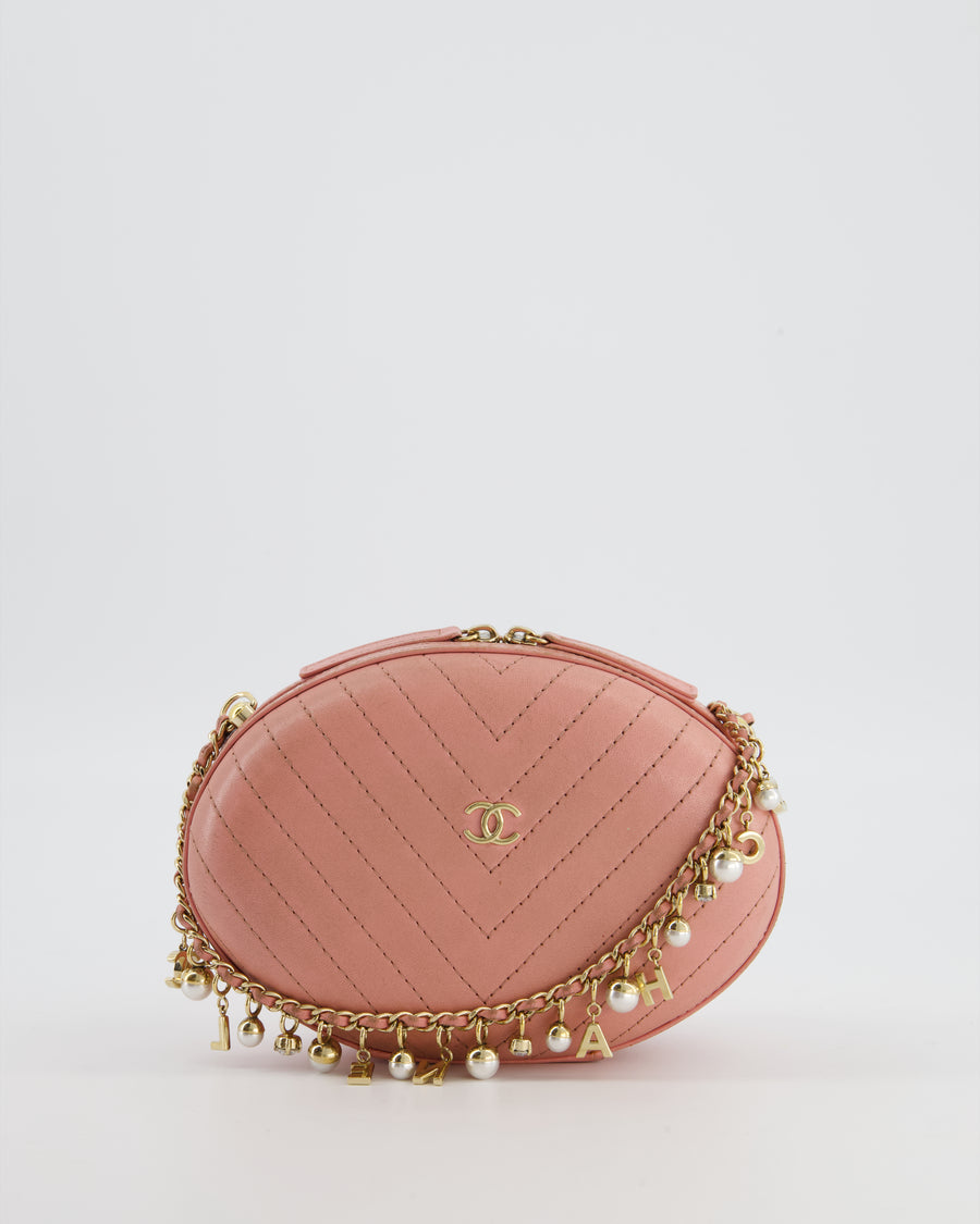 Chanel 2019 Pink Runway La Pausa Round Evening bag in Chevron with Gold Hardware and Charm Chain