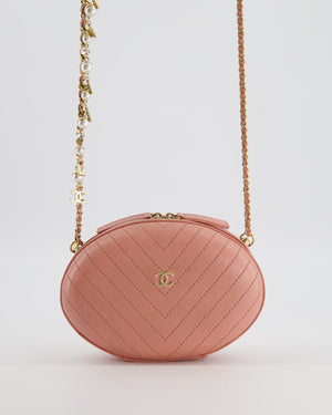 Chanel 2019 Pink Runway La Pausa Round Evening bag in Chevron with Gold Hardware and Charm Chain