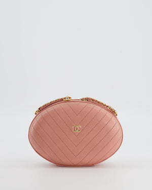 Chanel 2019 Pink Runway La Pausa Round Evening bag in Chevron with Gold Hardware and Charm Chain