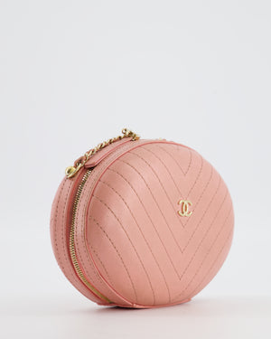Chanel 2019 Pink Runway La Pausa Round Evening bag in Chevron with Gold Hardware and Charm Chain