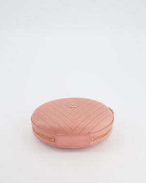 Chanel 2019 Pink Runway La Pausa Round Evening bag in Chevron with Gold Hardware and Charm Chain