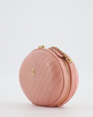 Chanel 2019 Pink Runway La Pausa Round Evening bag in Chevron with Gold Hardware and Charm Chain