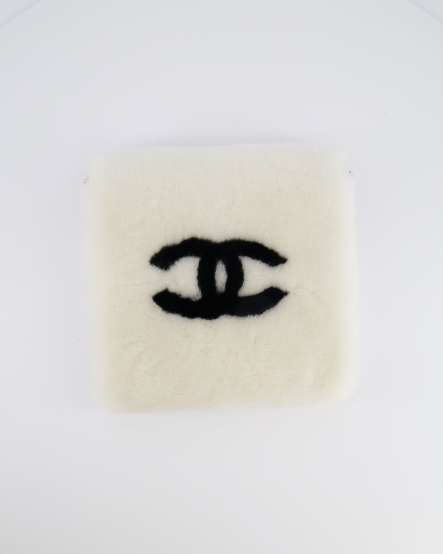 *HOT* Chanel Coco Neige 25/26 Ecru and Black Shearling Lambskin Muff Bag with Black CC Logo and Champagne Gold Chain Detail
