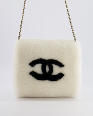 *HOT* Chanel Coco Neige 25/26 Ecru and Black Shearling Lambskin Muff Bag with Black CC Logo and Champagne Gold Chain Detail