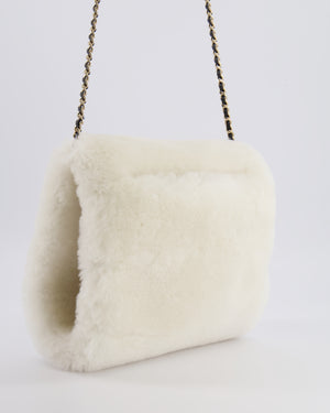 *HOT* Chanel Coco Neige 25/26 Ecru and Black Shearling Lambskin Muff Bag with Black CC Logo and Champagne Gold Chain Detail