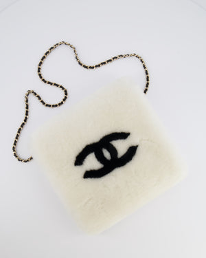 *HOT* Chanel Coco Neige 25/26 Ecru and Black Shearling Lambskin Muff Bag with Black CC Logo and Champagne Gold Chain Detail