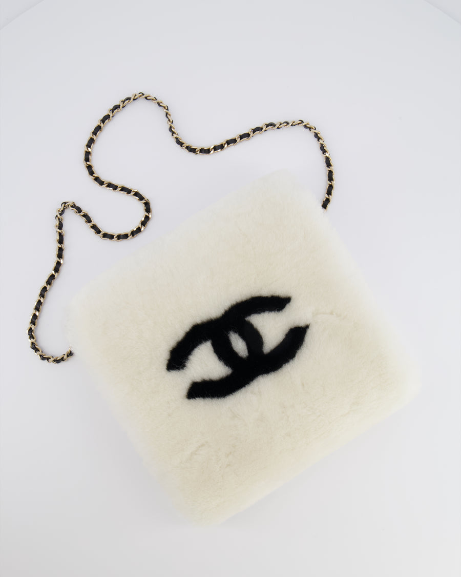 *HOT* Chanel Coco Neige 25/26 Ecru and Black Shearling Lambskin Muff Bag with Black CC Logo and Champagne Gold Chain Detail