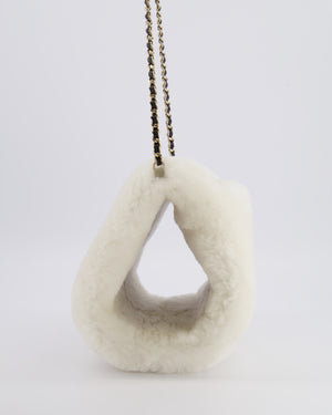 *HOT* Chanel Coco Neige 25/26 Ecru and Black Shearling Lambskin Muff Bag with Black CC Logo and Champagne Gold Chain Detail