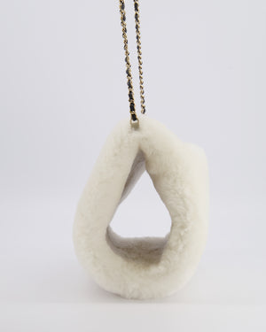*HOT* Chanel Coco Neige 25/26 Ecru and Black Shearling Lambskin Muff Bag with Black CC Logo and Champagne Gold Chain Detail
