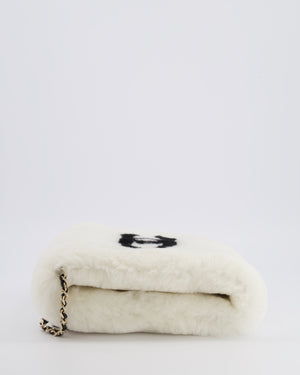 *HOT* Chanel Coco Neige 25/26 Ecru and Black Shearling Lambskin Muff Bag with Black CC Logo and Champagne Gold Chain Detail
