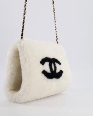 *HOT* Chanel Coco Neige 25/26 Ecru and Black Shearling Lambskin Muff Bag with Black CC Logo and Champagne Gold Chain Detail