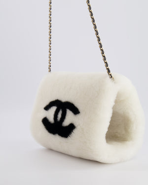 *HOT* Chanel Coco Neige 25/26 Ecru and Black Shearling Lambskin Muff Bag with Black CC Logo and Champagne Gold Chain Detail