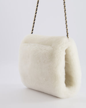 *HOT* Chanel Coco Neige 25/26 Ecru and Black Shearling Lambskin Muff Bag with Black CC Logo and Champagne Gold Chain Detail