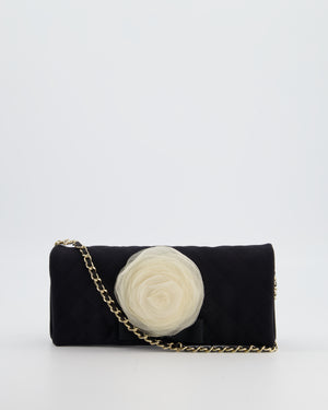 Chanel Black Vintage Jersey Clutch Bag on Chain with Camellia and Bow Detail with Champagne Gold Hardware