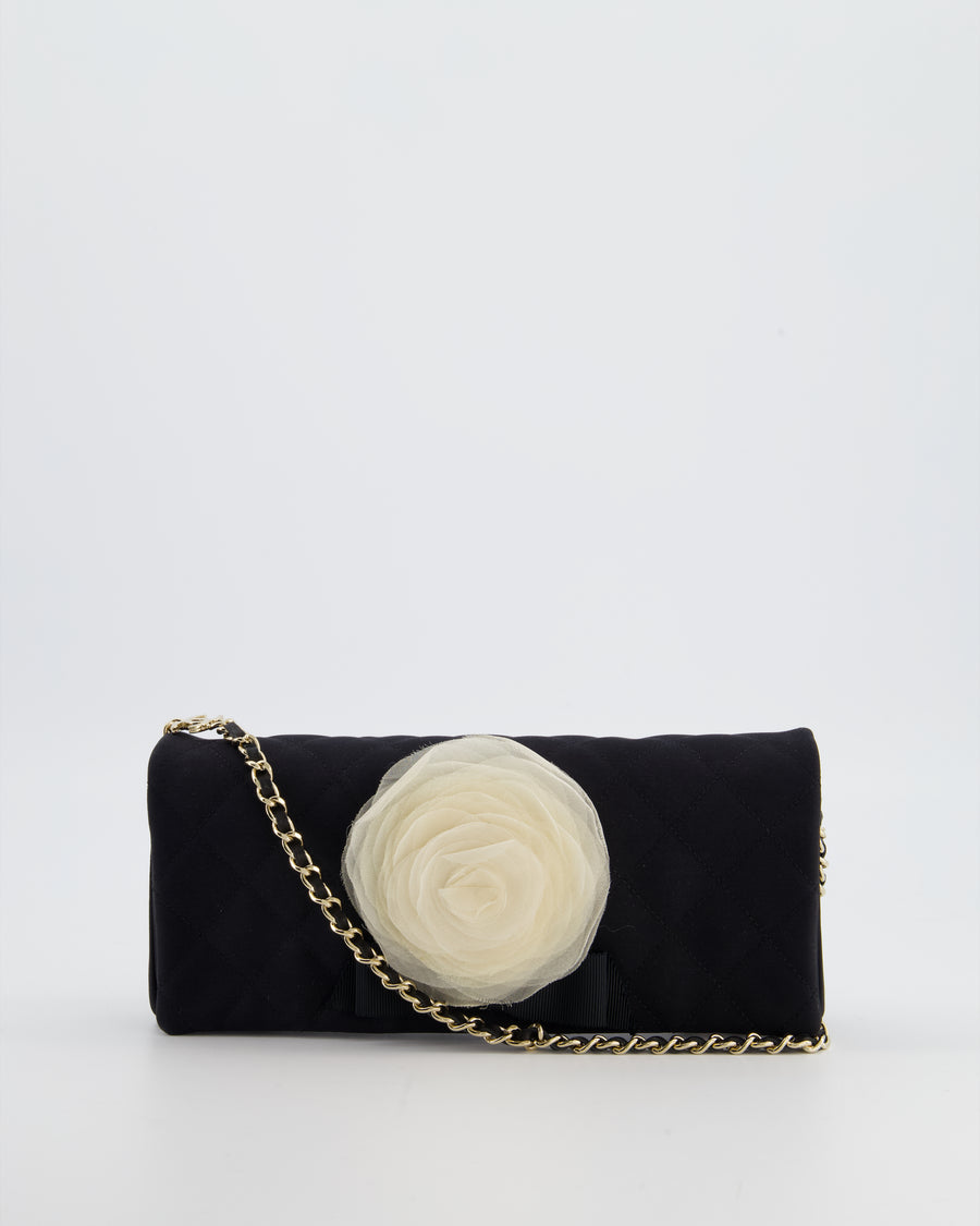 Chanel Black Vintage Jersey Clutch Bag on Chain with Camellia and Bow Detail with Champagne Gold Hardware