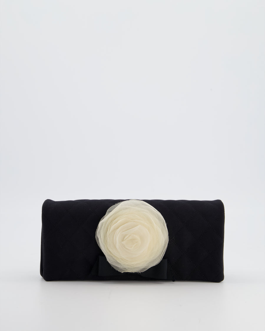 Chanel Black Vintage Jersey Clutch Bag on Chain with Camellia and Bow Detail with Champagne Gold Hardware