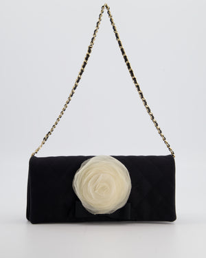Chanel Black Vintage Jersey Clutch Bag on Chain with Camellia and Bow Detail with Champagne Gold Hardware