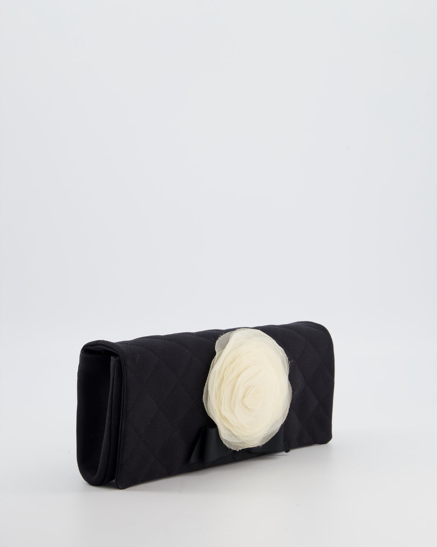 Chanel Black Vintage Jersey Clutch Bag on Chain with Camellia and Bow Detail with Champagne Gold Hardware