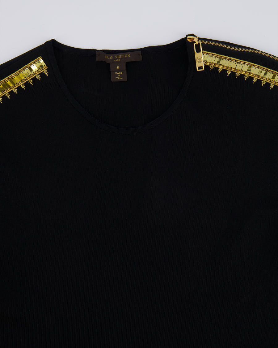 Louis Vuitton Black Short Sleeved Top with Gold Sequin Embroideries and Zipper Detail Size S (UK 8)
