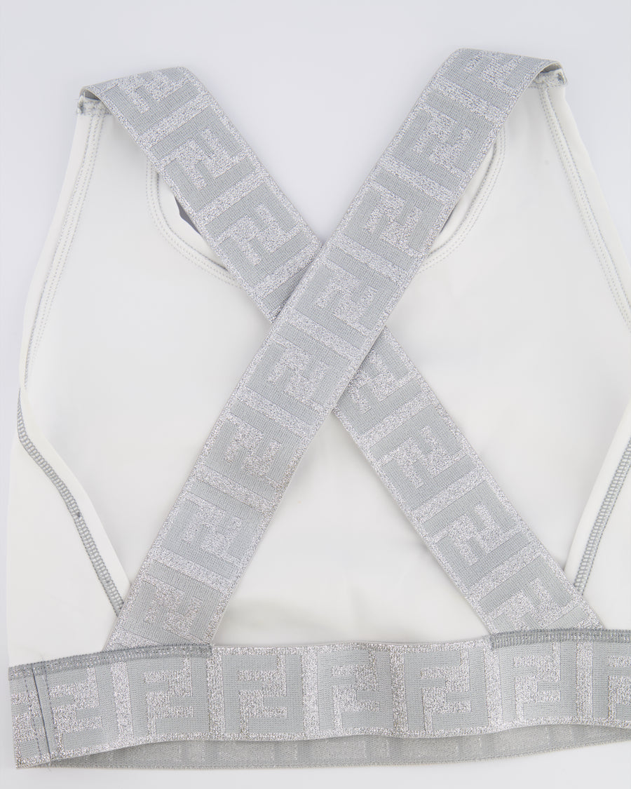 Fendi White Top and Leggings Sports Set with Silver Metallic Logo Details Size UK 8/UK 10