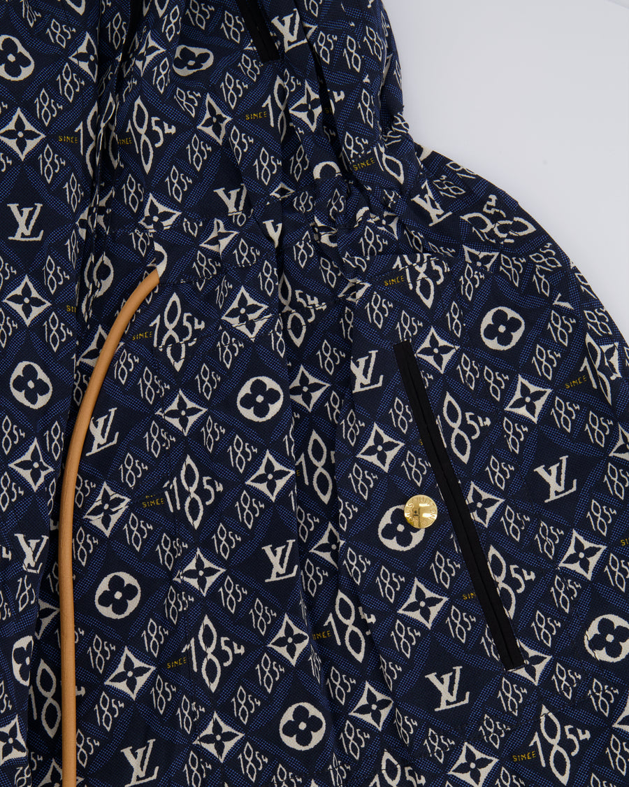 Louis Vuitton Since 1854 Navy Silk Mini Dress with White Monogram and Gold Logo Buttons Size FR 38 (UK 10)