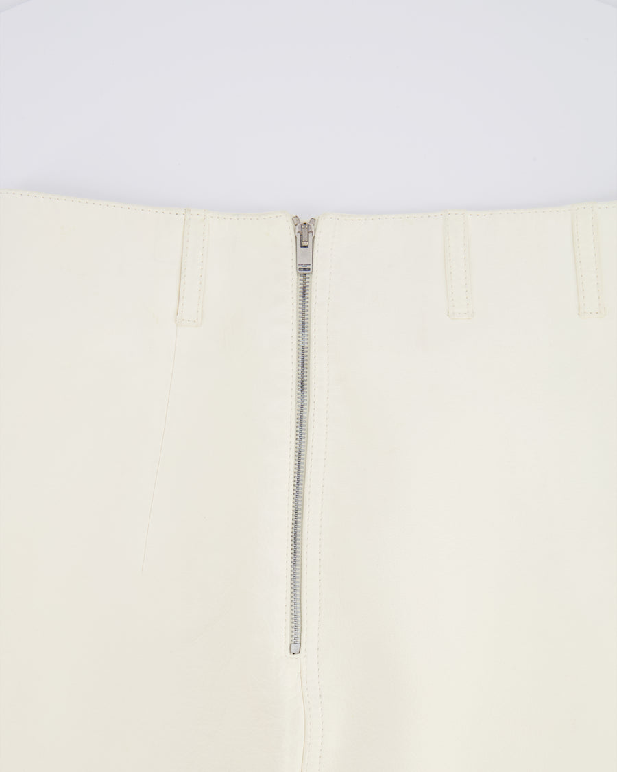 Saint Laurent White Lambskin Leather Mini Skirt with Silver Zipper Detail Size FR 38 (UK 10)
