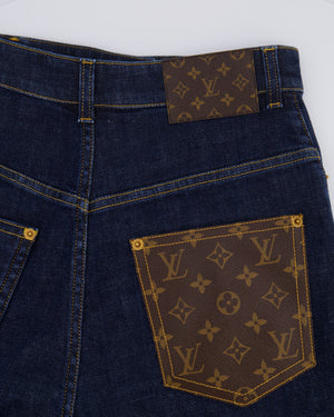 Louis Vuitton Blue Indigo Denim Shorts with Brown Leather LV Monogram Pocket Detail Size FR 38 (UK 10)