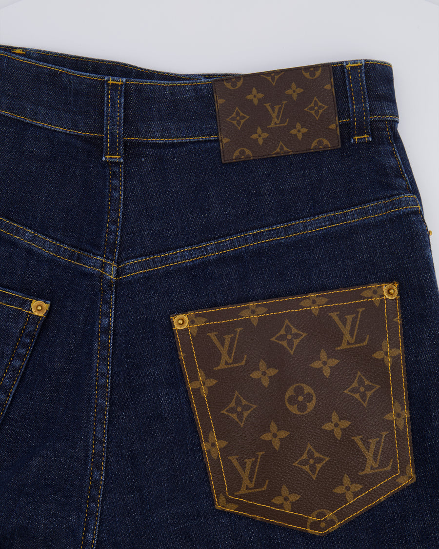 Louis Vuitton Blue Indigo Denim Shorts with Brown Leather LV Monogram Pocket Detail Size FR 38 (UK 10)