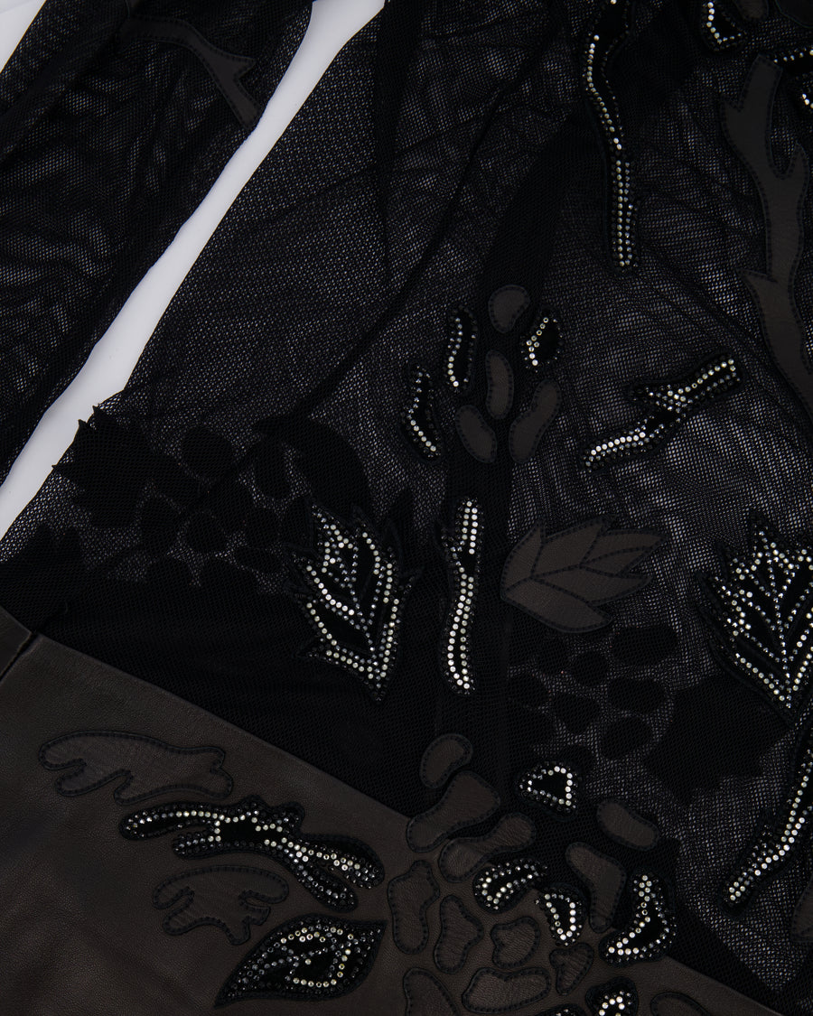 Jitrois Black Leather and Mesh Mini Dress with Crystal Embellished Suede Appliques Size FR 36 (UK 8)