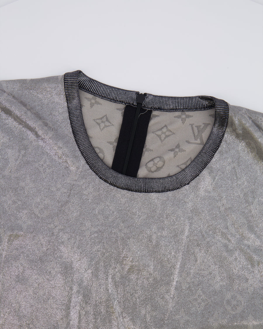 Louis Vuitton Silver Metallic Silk Jumpsuit with Monogram Logo Prints Size FR 38 (UK 10)