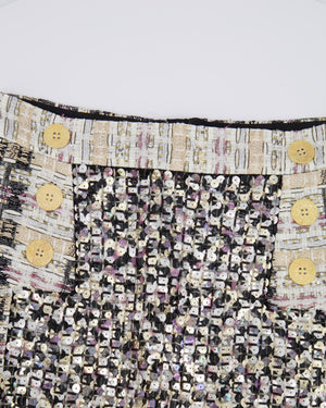 Ralph & Russo Black and Multi-Colour Tweed Sequin Top and Mini Skirt Set with Textured Gold Buttons Size FR 38/40 (UK 10/12)