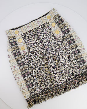 Ralph & Russo Black and Multi-Colour Tweed Sequin Top and Mini Skirt Set with Textured Gold Buttons Size FR 38/40 (UK 10/12)