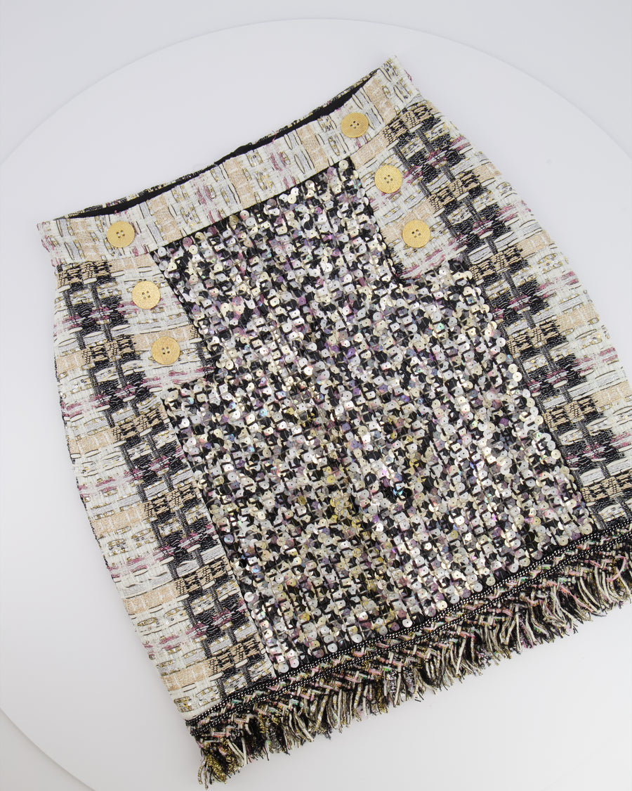 Ralph & Russo Black and Multi-Colour Tweed Sequin Top and Mini Skirt Set with Textured Gold Buttons Size FR 38/40 (UK 10/12)