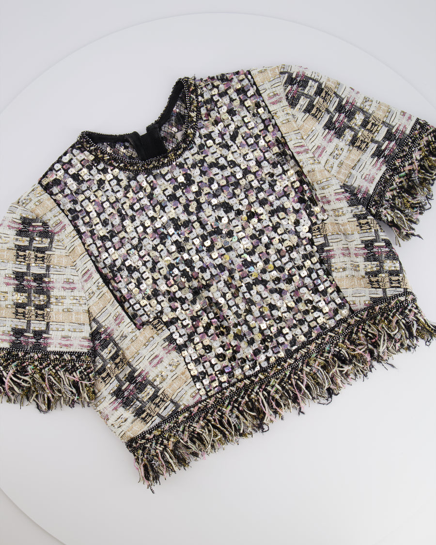 Ralph & Russo Black and Multi-Colour Tweed Sequin Top and Mini Skirt Set with Textured Gold Buttons Size FR 38/40 (UK 10/12)