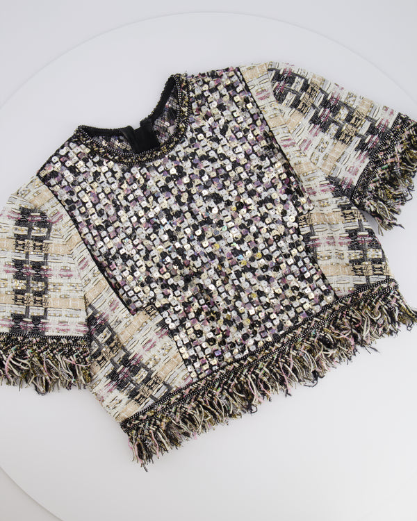 Ralph & Russo Black and Multi-Colour Tweed Sequin Top and Mini Skirt Set with Textured Gold Buttons Size FR 38/40 (UK 10/12)