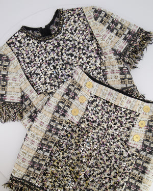 Ralph & Russo Black and Multi-Colour Tweed Sequin Top and Mini Skirt Set with Textured Gold Buttons Size FR 38/40 (UK 10/12)