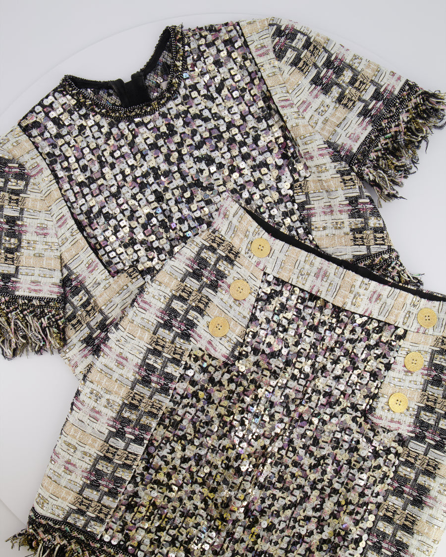 Ralph & Russo Black and Multi-Colour Tweed Sequin Top and Mini Skirt Set with Textured Gold Buttons Size FR 38/40 (UK 10/12)