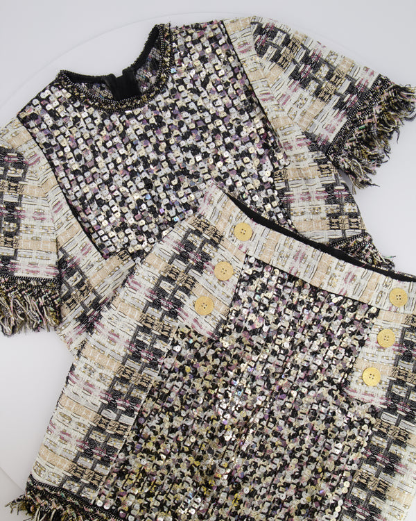 Ralph & Russo Black and Multi-Colour Tweed Sequin Top and Mini Skirt Set with Textured Gold Buttons Size FR 38/40 (UK 10/12)