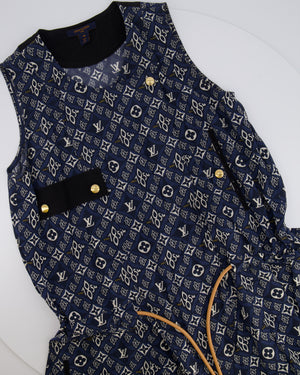 Louis Vuitton Since 1854 Navy Silk Mini Dress with White Monogram and Gold Logo Buttons Size FR 38 (UK 10)