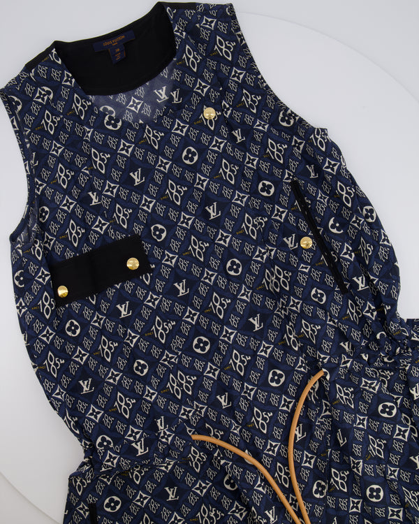 Louis Vuitton Since 1854 Navy Silk Mini Dress with White Monogram and Gold Logo Buttons Size FR 38 (UK 10)
