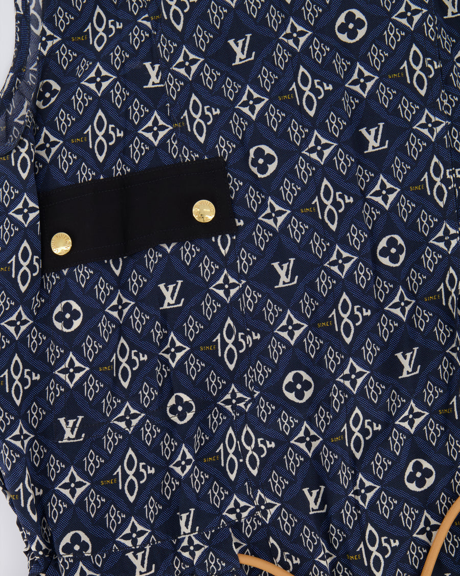 Louis Vuitton Since 1854 Navy Silk Mini Dress with White Monogram and Gold Logo Buttons Size FR 38 (UK 10)