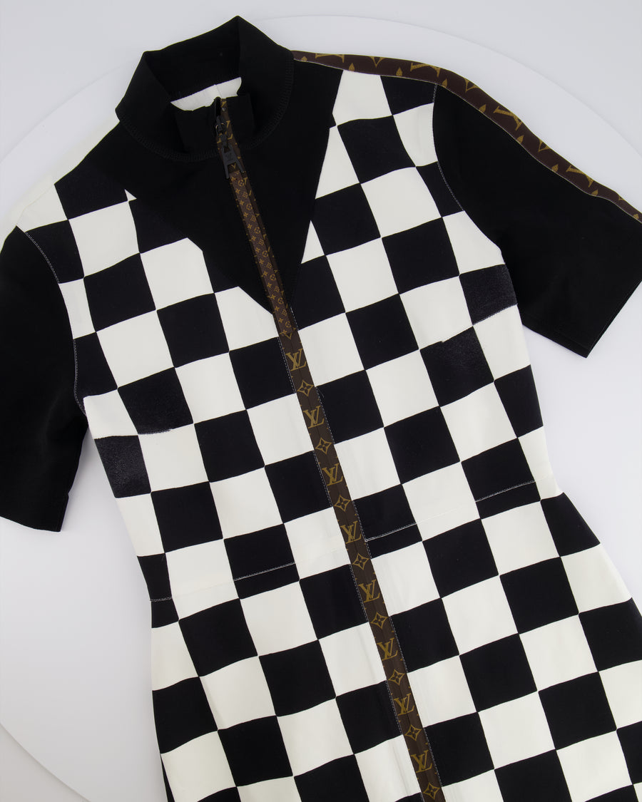 Louis Vuitton Black and White Checkered Mini Dress with Brown Monogram Details FR 38 (UK 10)