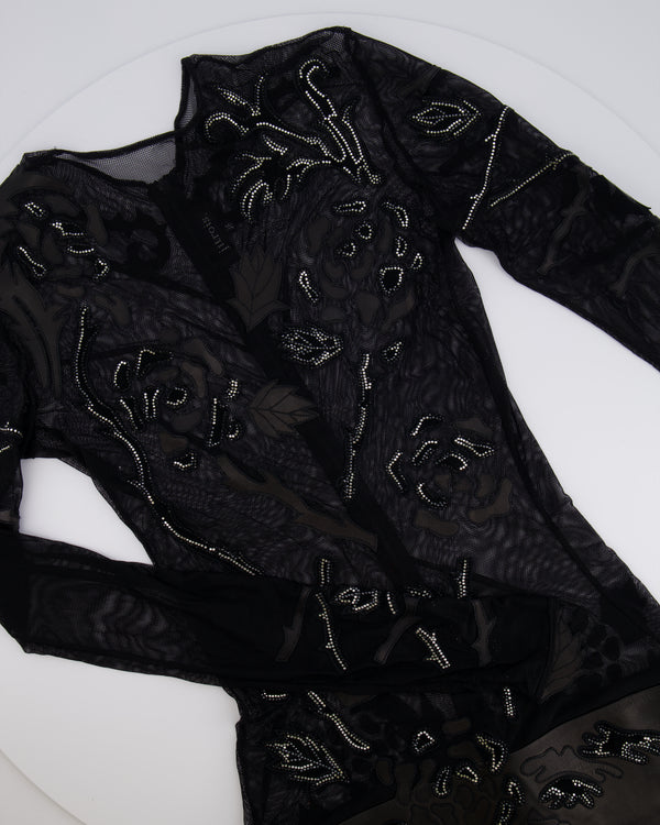 Jitrois Black Leather and Mesh Mini Dress with Crystal Embellished Suede Appliques Size FR 36 (UK 8)