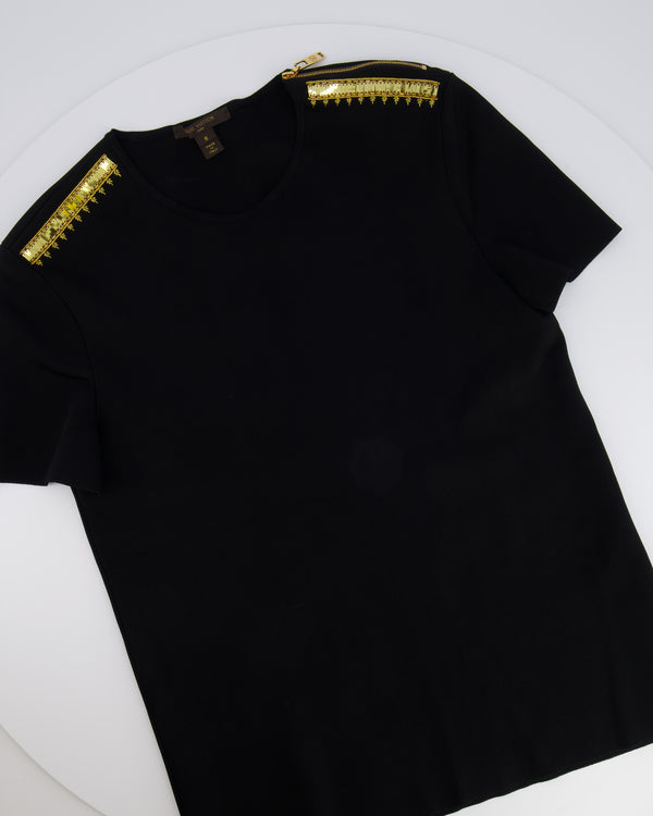 Louis Vuitton Black Short Sleeved Top with Gold Sequin Embroideries and Zipper Detail Size S (UK 8)