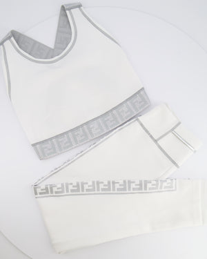 Fendi White Top and Leggings Sports Set with Silver Metallic Logo Details Size UK 8/UK 10