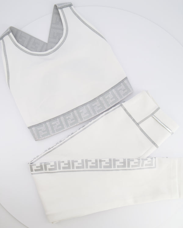 Fendi White Top and Leggings Sports Set with Silver Metallic Logo Details Size UK 8/UK 10