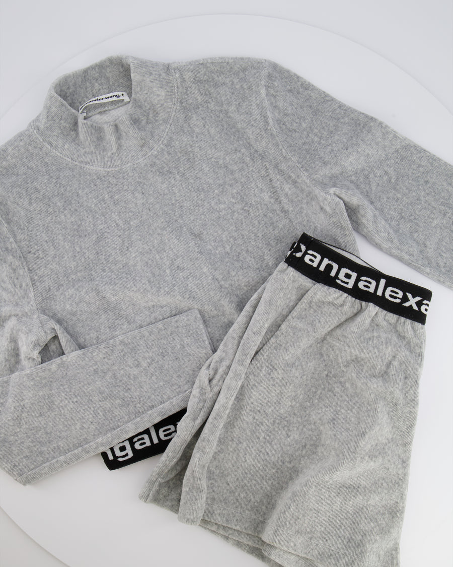 Alexander Wang Light Grey Ribbed Shorts and Top Set with Black Logo Size M (UK 10)
